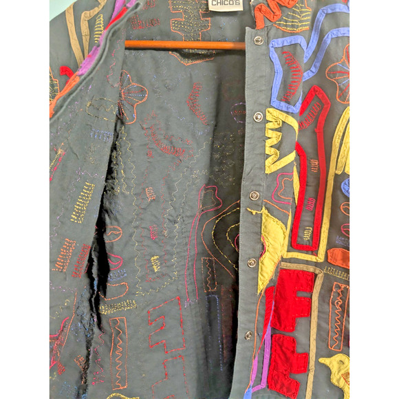 Chico's Geometric Jacket Black Multicolor Embroidered Sz 0 Boho Fun Party Wear - Picture 3 of 4